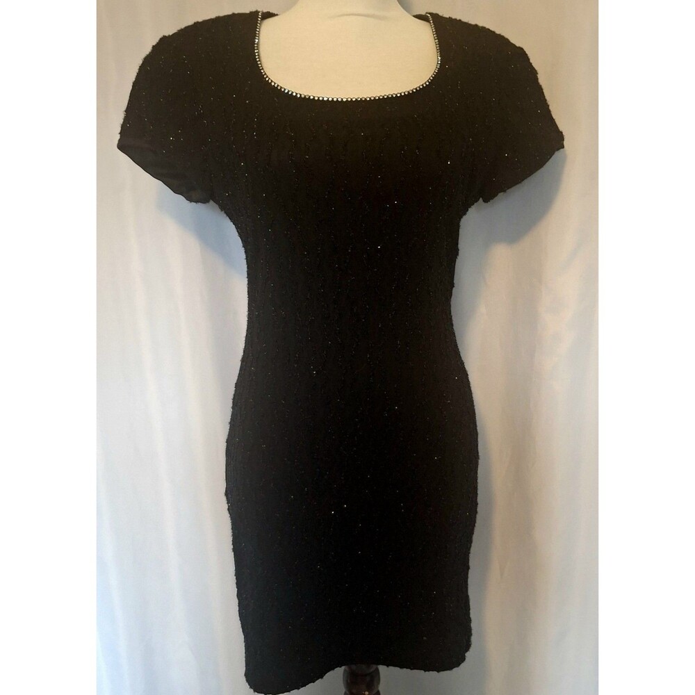 Vtg 90s Betsy & Adam Black Beaded rhinstone mini bodycon dress semi sheer S 9/10